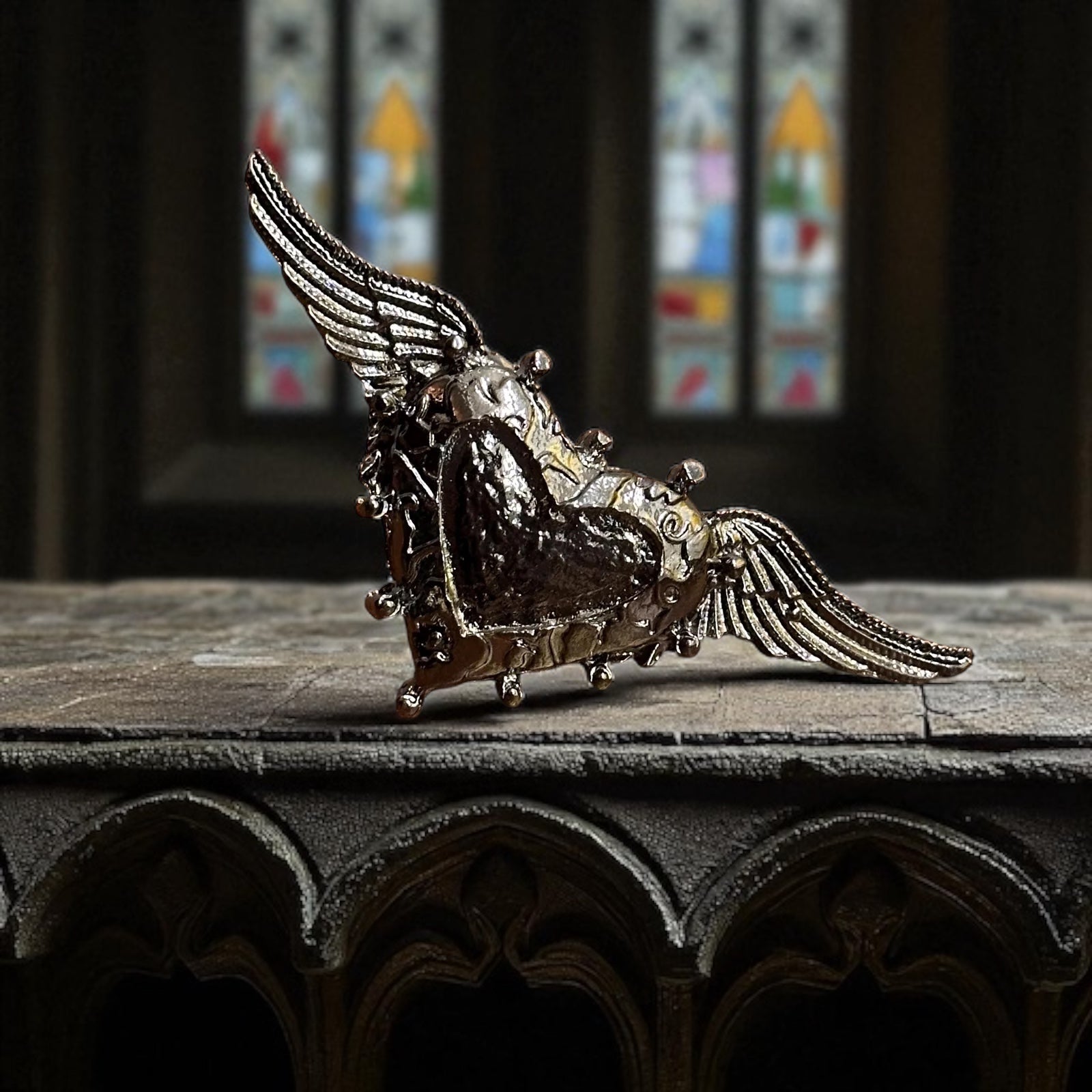 Black Goth Biker Style Winged Heart Statement Ring Metallic Adjustable - Size N 1/2