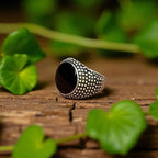 Oversized Calming Black Stone Meditation Ring Dimpled Silver Tone Energy Absorber - Various Sizes