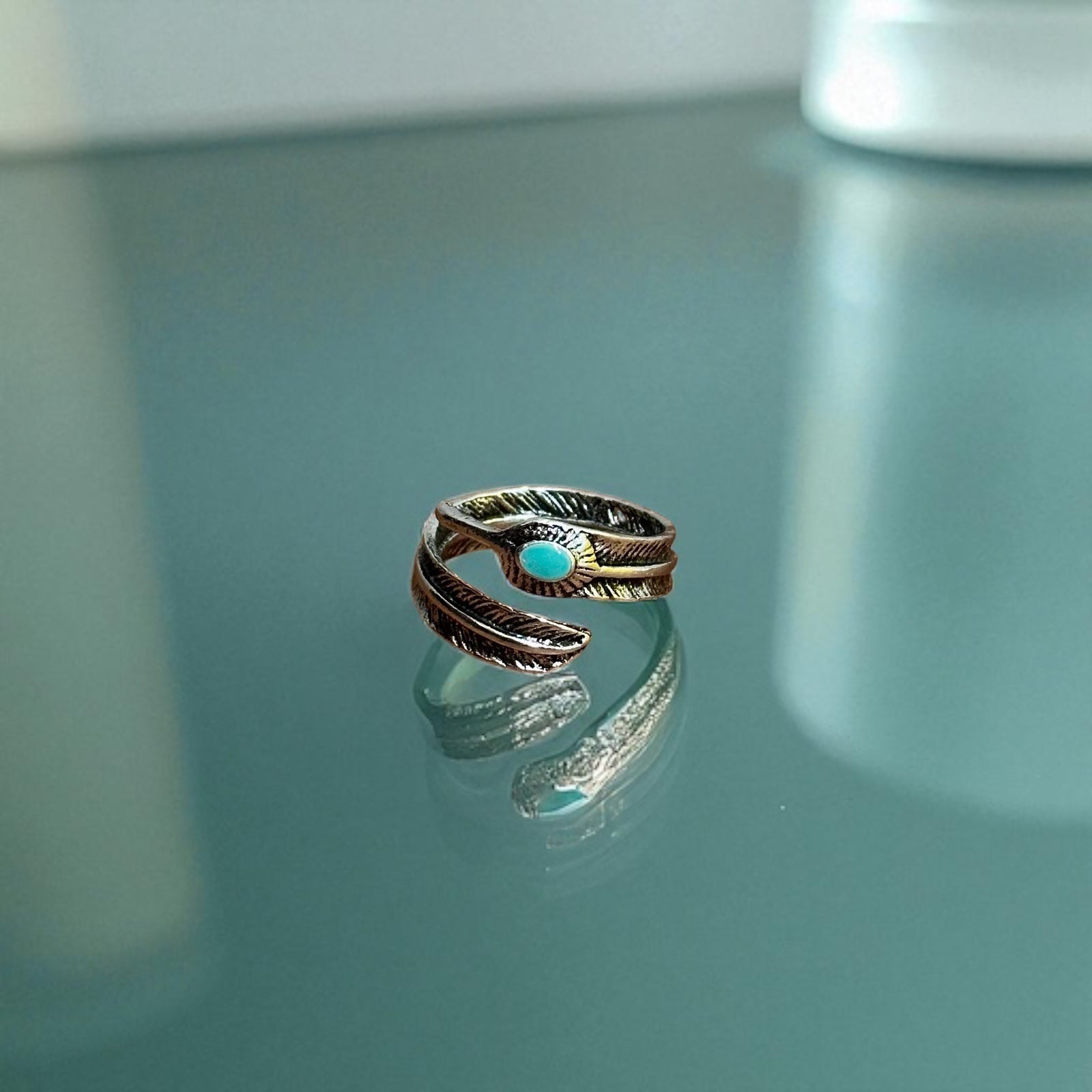 Boho Hippie Tribal Feather Ring Green Black Silver Tone - Size S