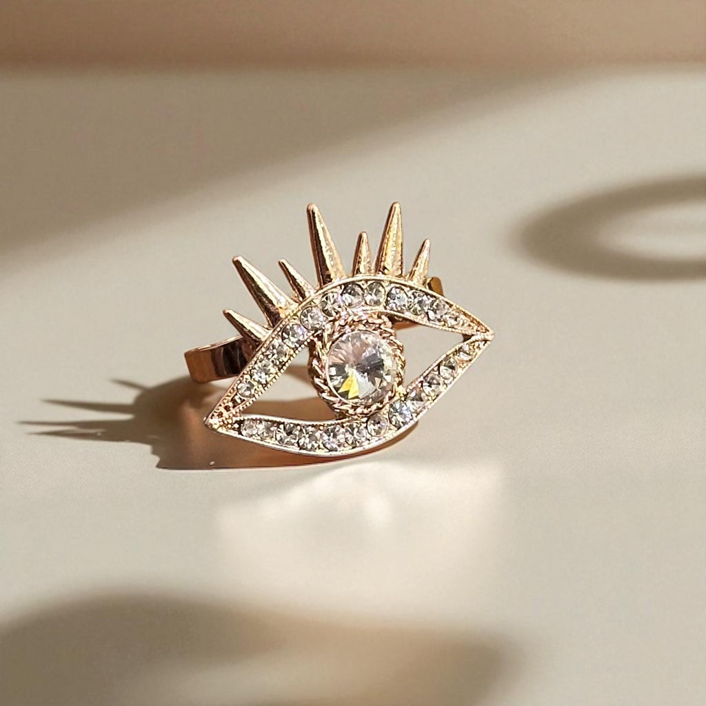 Unique Diamante Illuminati Eye Ring Double Finger Gold Tone Adjustable Size