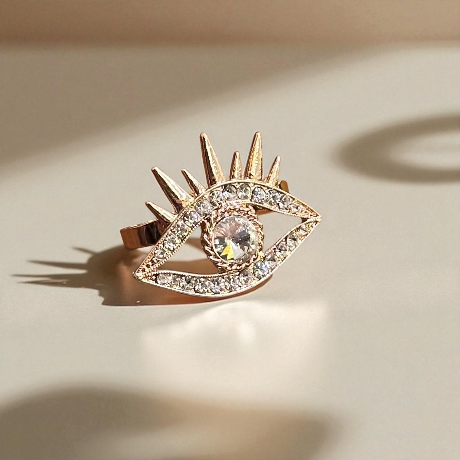 Unique Diamante Illuminati Eye Ring Double Finger Gold Tone Adjustable Size