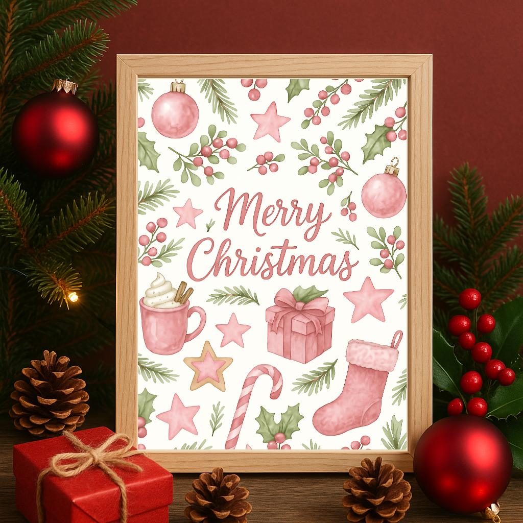 Pink Merry Christmas Wall Art Print