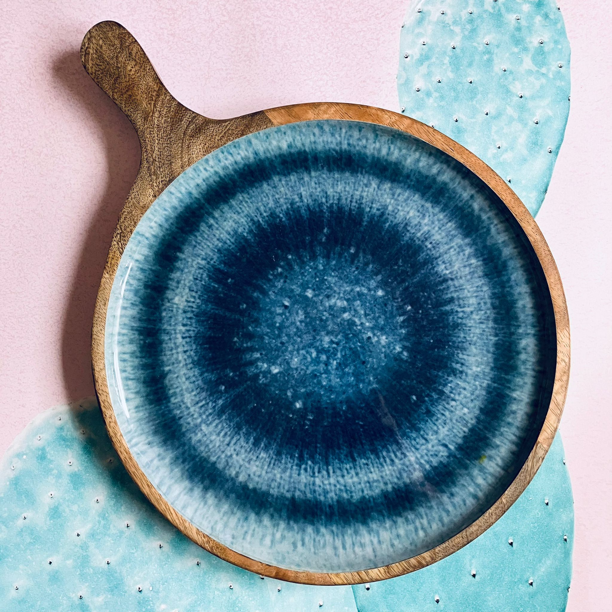 Large Mangowood Serving Tray Platter Patterned Gradient Resin Blue 39.5cm