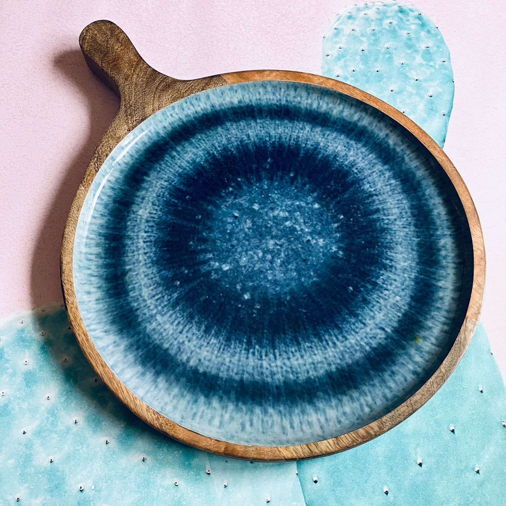 Large Mangowood Serving Tray Platter Patterned Gradient Resin Blue 39.5cm