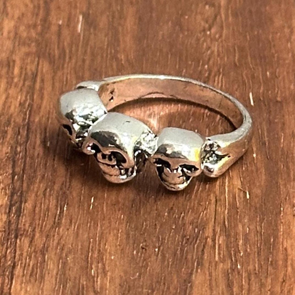 Alternative Gothic Biker Triple Skull Band Ring Silver Tone Halloween Pirate Ring - Various Sizes