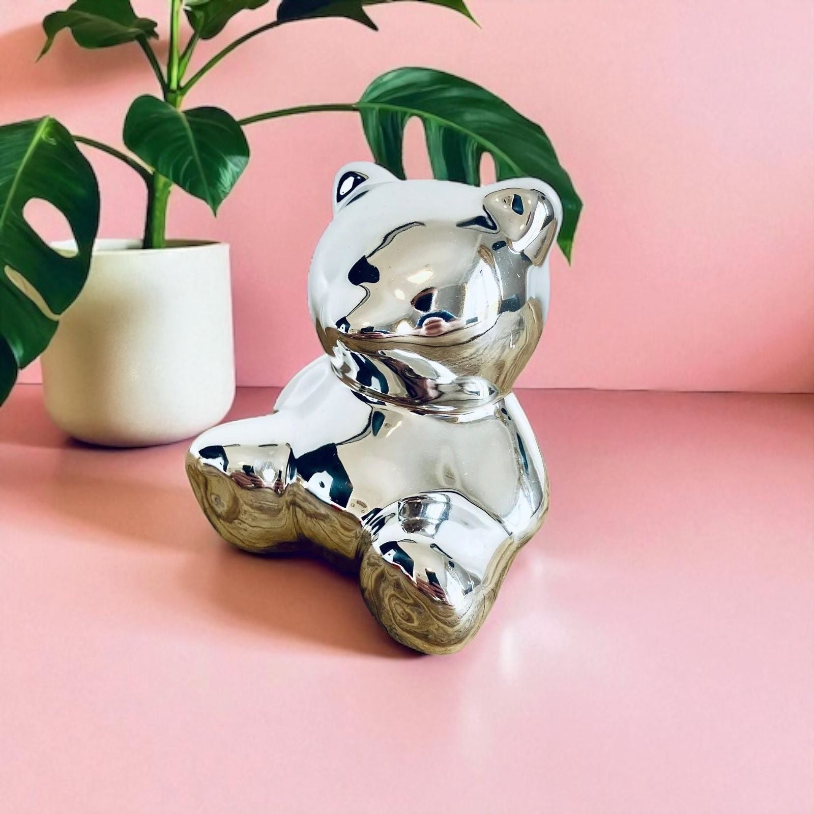 Mini Novelty Retro Teddy Bear Piggy Bank Silver 8.5cm Unique Gift