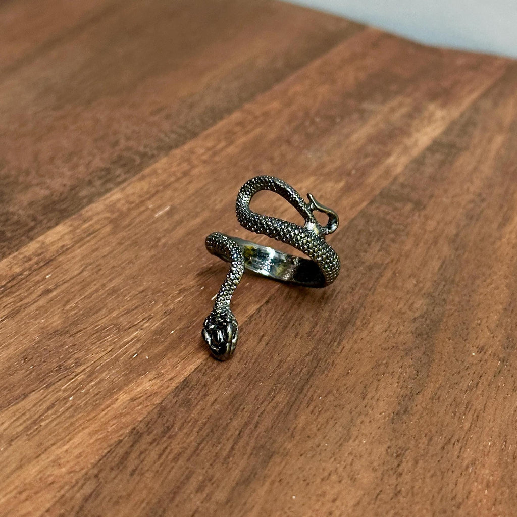 Gothic Snake Serpent Full Finger Ring Black Silver Tone - Size R