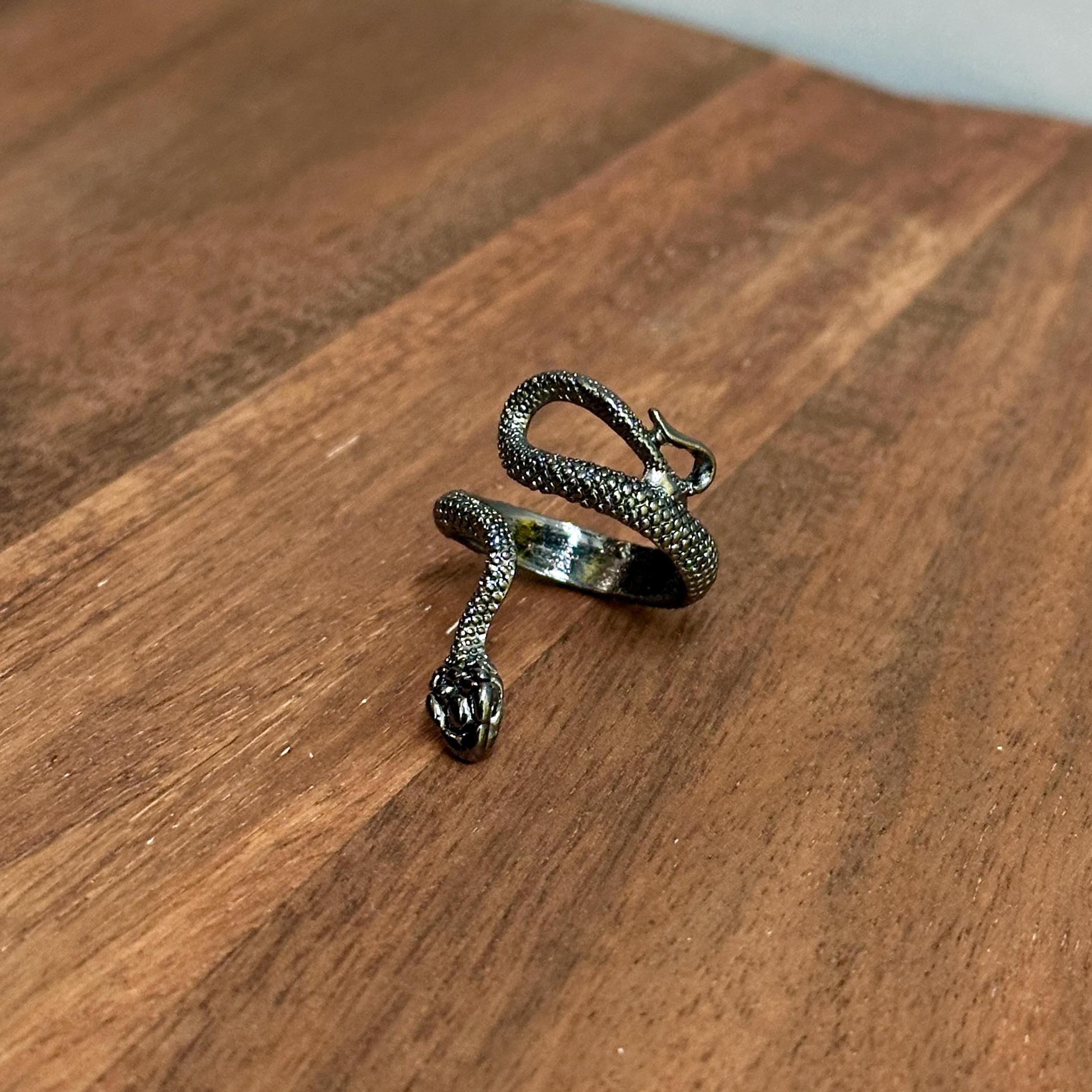 Gothic Snake Serpent Full Finger Ring Black Silver Tone - Size R