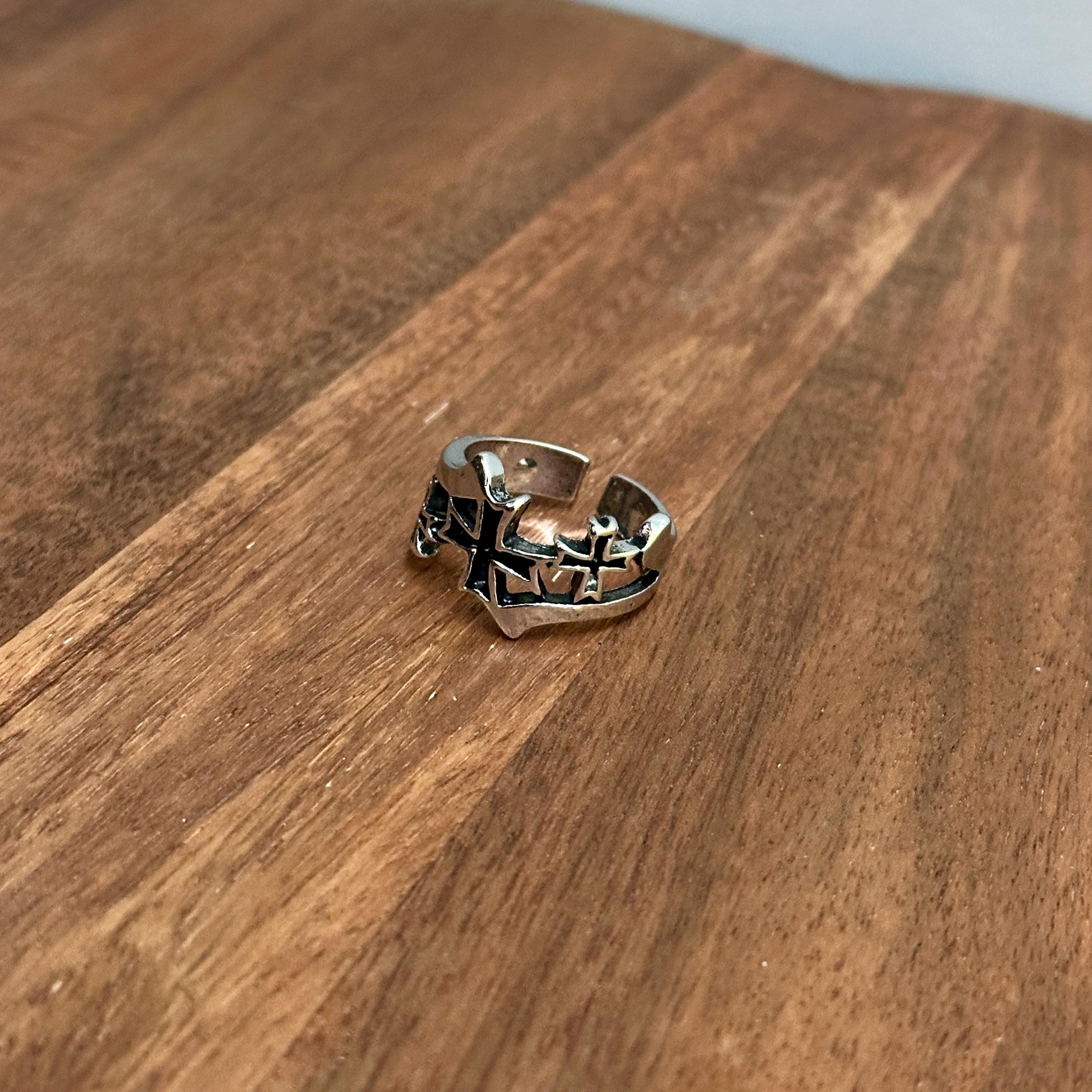 Unique Gothic Knights Templar Black Iron Cross Ring Silver Tone Adjustable - Size T