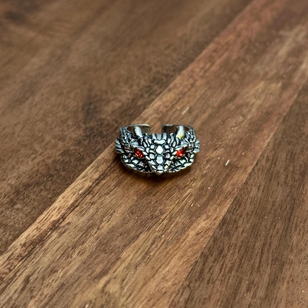 Alternative Gothic Dragon Head Ring Silver Tone Red Eye Open Adjustable Ring - Size Q