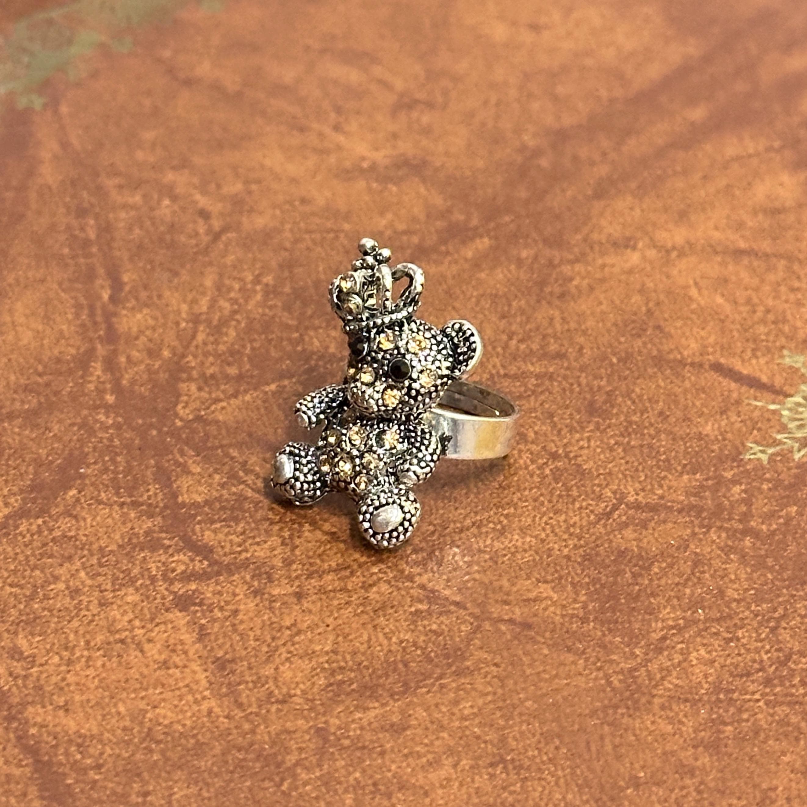 Diamante Princess Teddy Bear Crown Ring Silver Tone Various Colour Stones Adjustable Size