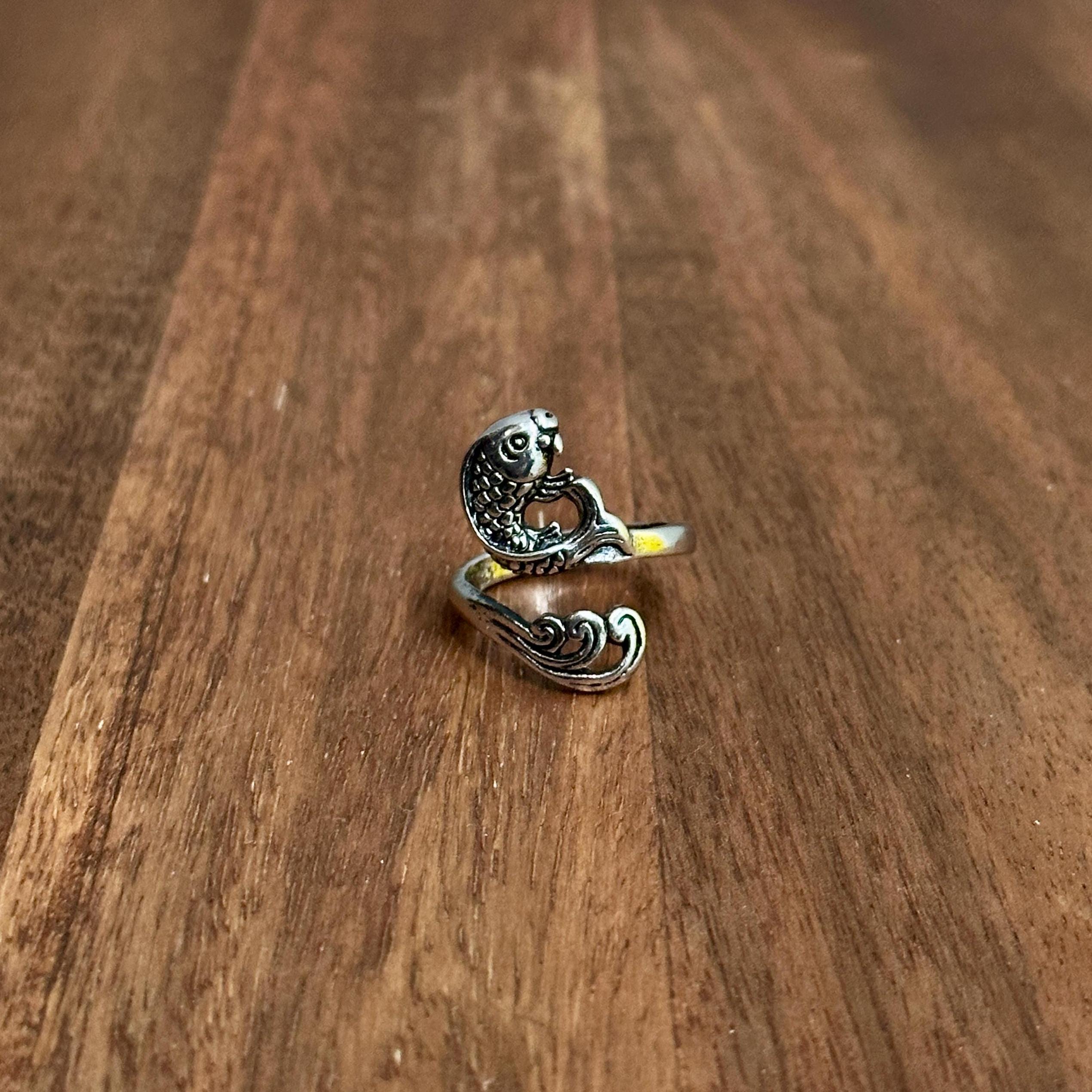 Intricate Jumping Koi Carp Fish Statement Ring Silver Tone Open Adjustable - Size J 1/2
