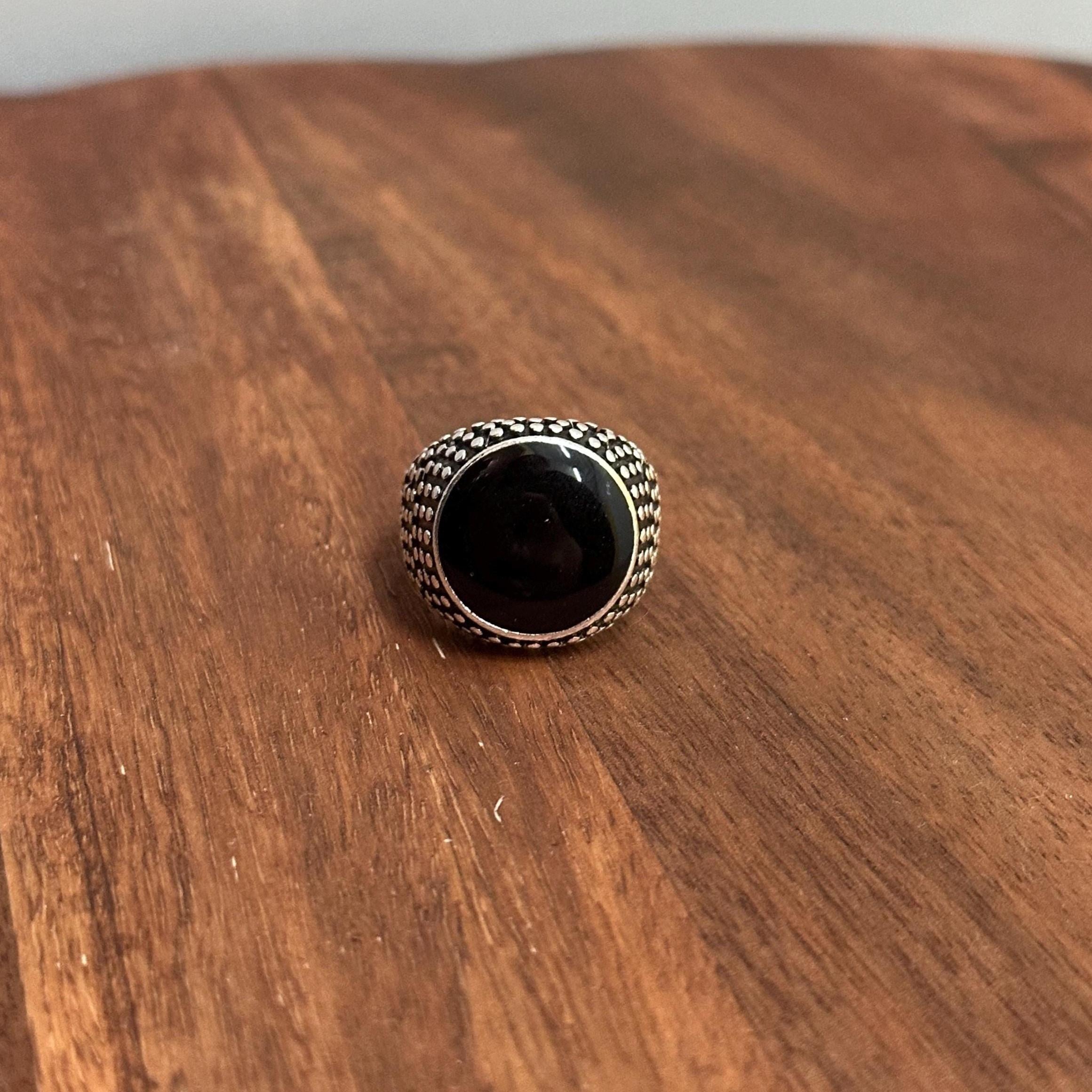 Oversized Calming Black Stone Meditation Ring Dimpled Silver Tone Energy Absorber - Various Sizes