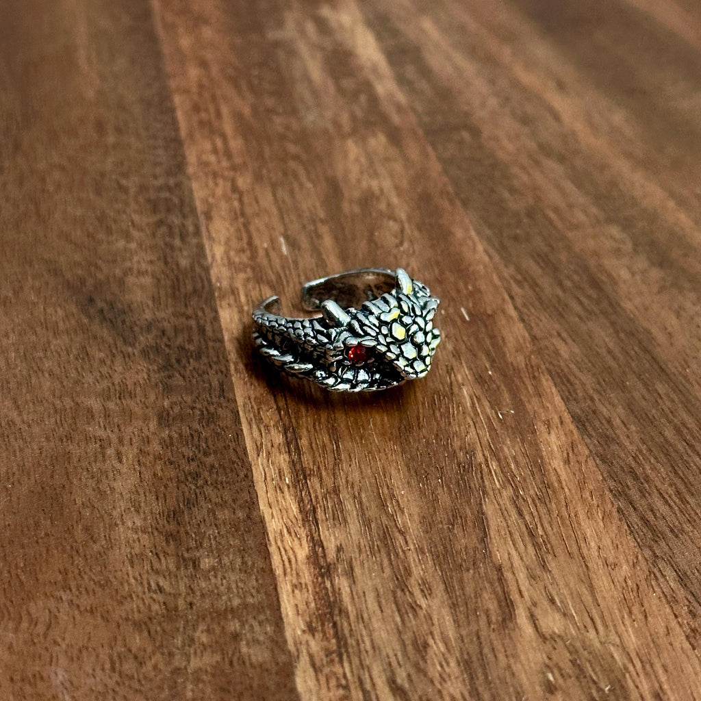 Alternative Gothic Dragon Head Ring Silver Tone Red Eye Open Adjustable Ring - Size Q