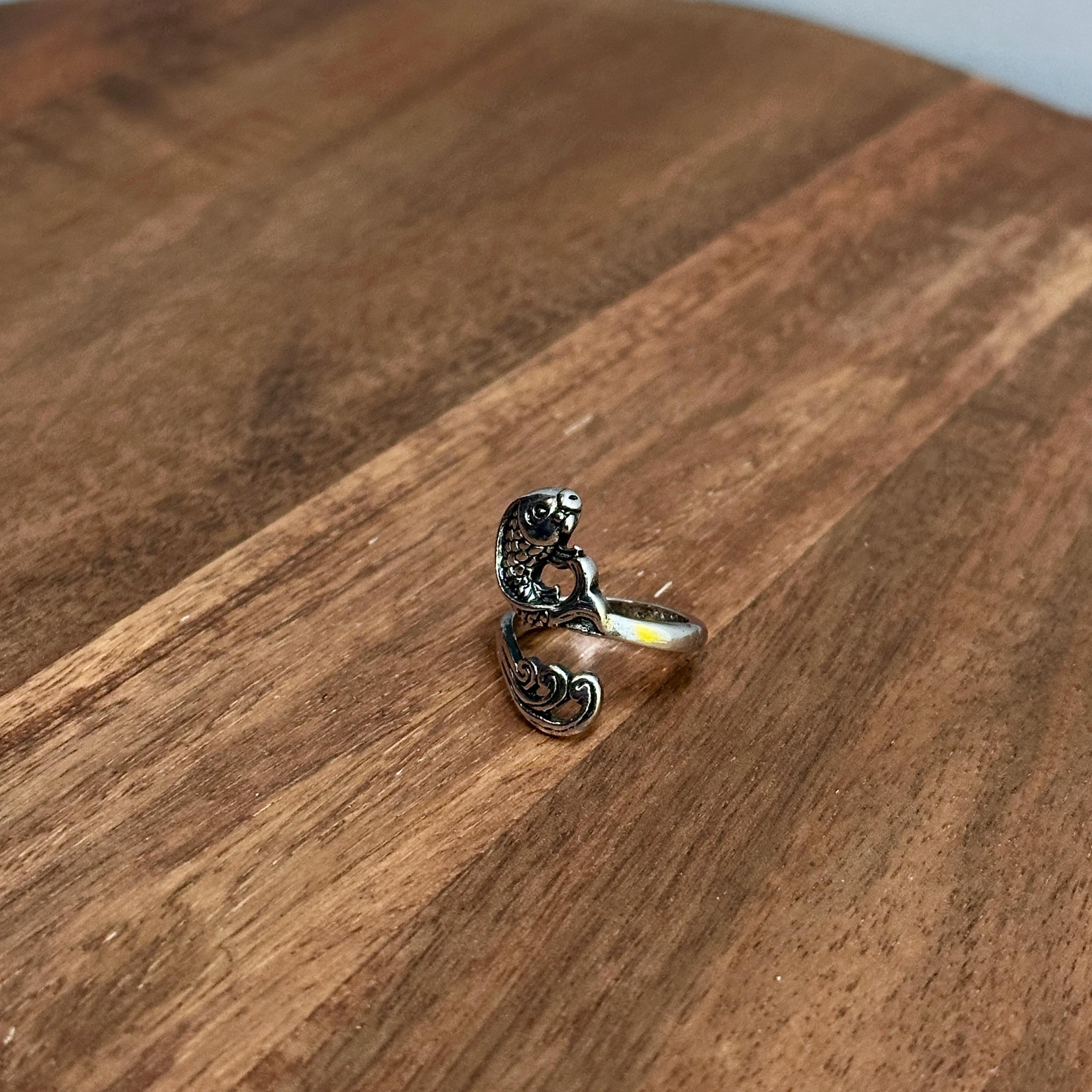 Intricate Jumping Koi Carp Fish Statement Ring Silver Tone Open Adjustable - Size J 1/2