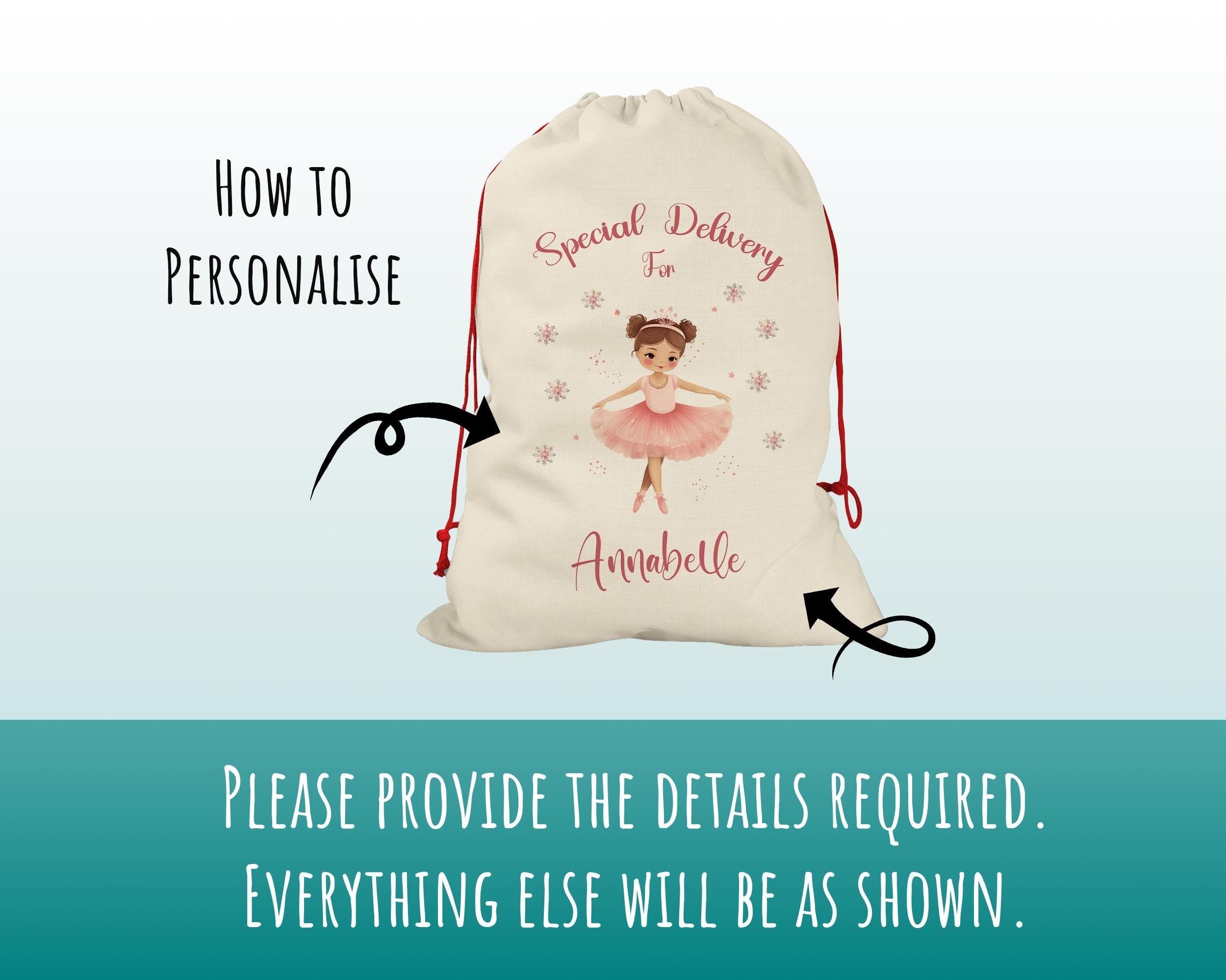 Personalised Christmas Sack - Santa Sack for Kids Presents Xmas Pink Ballerina Design Stocking Christmas Eve Bag Box for Girls & Boys XS006