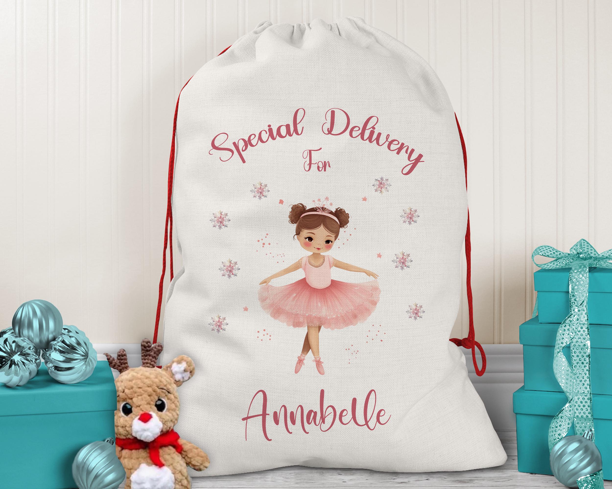 Personalised Christmas Sack - Santa Sack for Kids Presents Xmas Pink Ballerina Design Stocking Christmas Eve Bag Box for Girls & Boys XS006