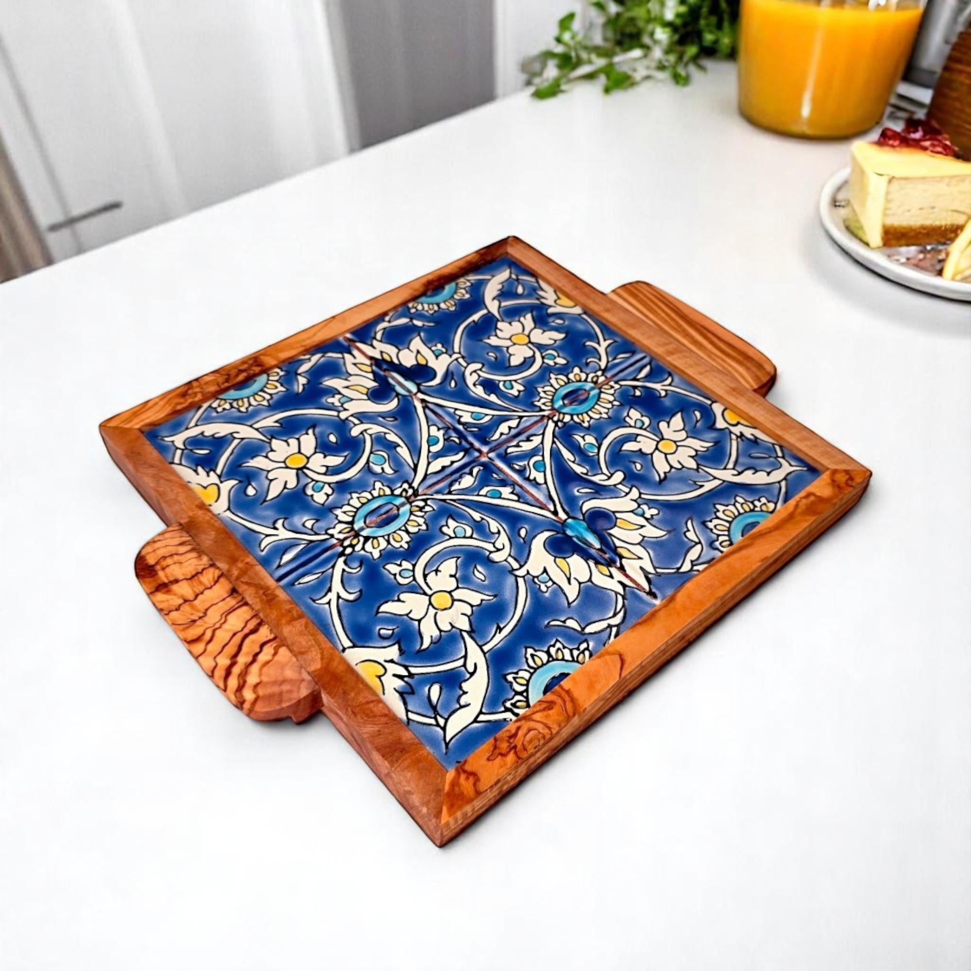 Olive Wood Square Olive Wood Ceramic Tray with Handle 20cm * 20cm