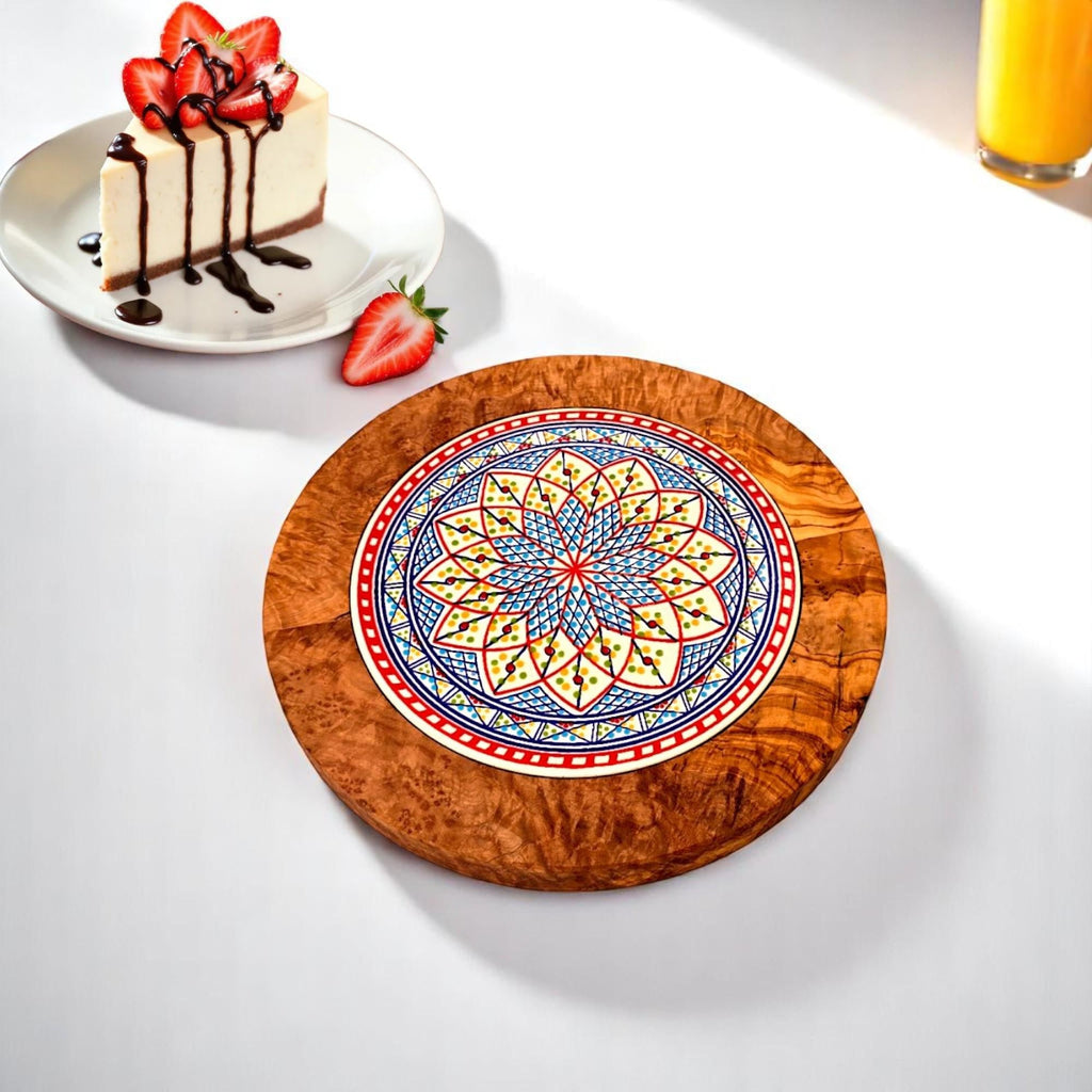 Olive Wood Handcrafted Round Wooden Ceramic Serving Tray/Coaster | Multiple Styles