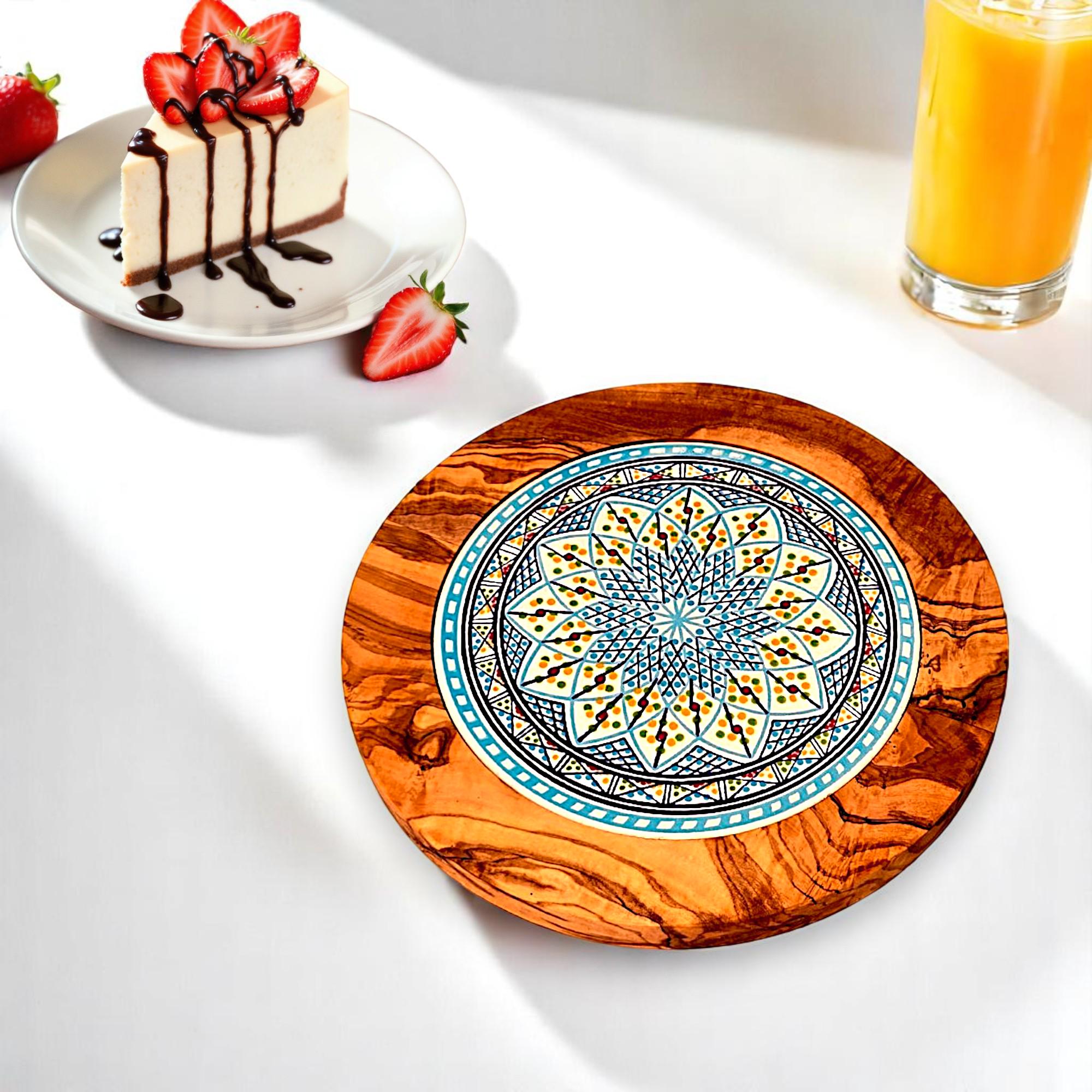 Olive Wood Handcrafted Round Wooden Ceramic Serving Tray/Coaster | Multiple Styles
