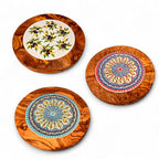 Olive Wood Handcrafted Round Wooden Ceramic Serving Tray/Coaster | Multiple Styles