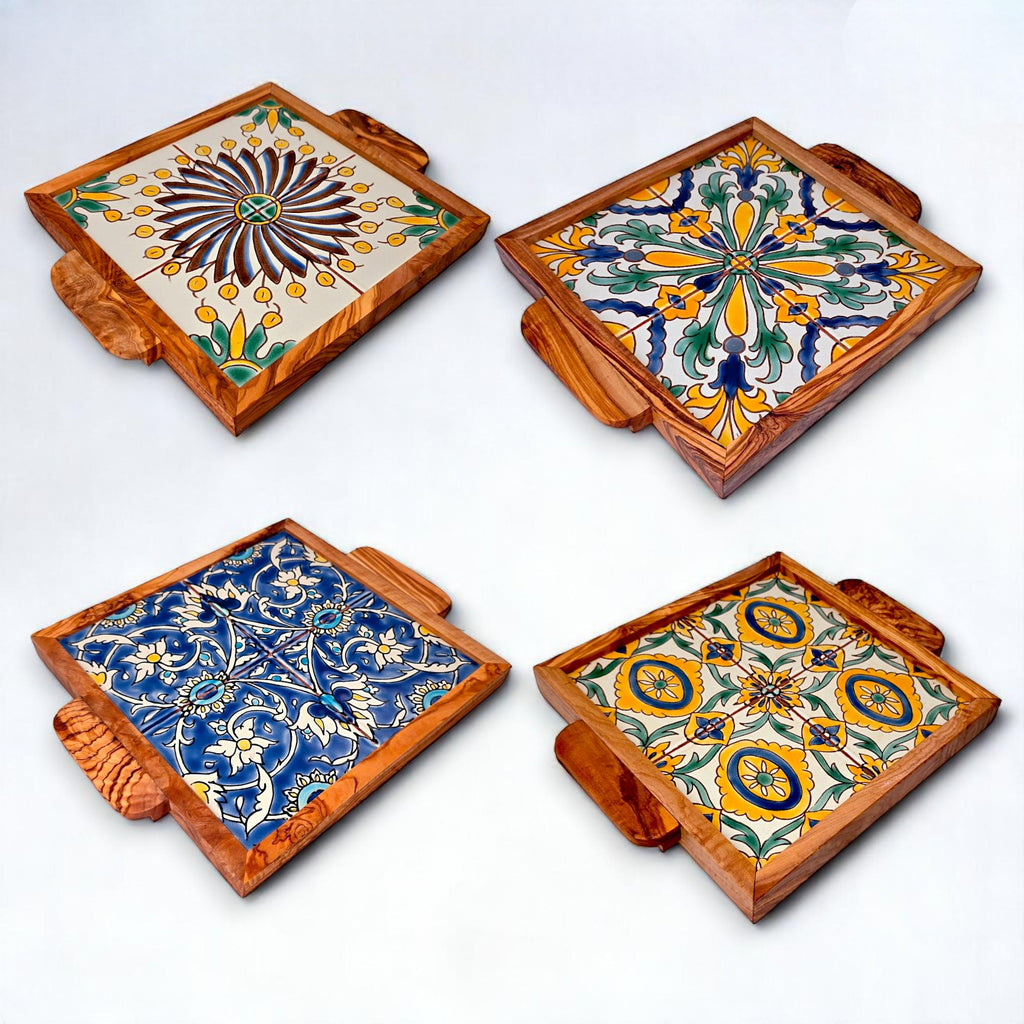 Olive Wood Square Olive Wood Ceramic Tray with Handle 20cm * 20cm
