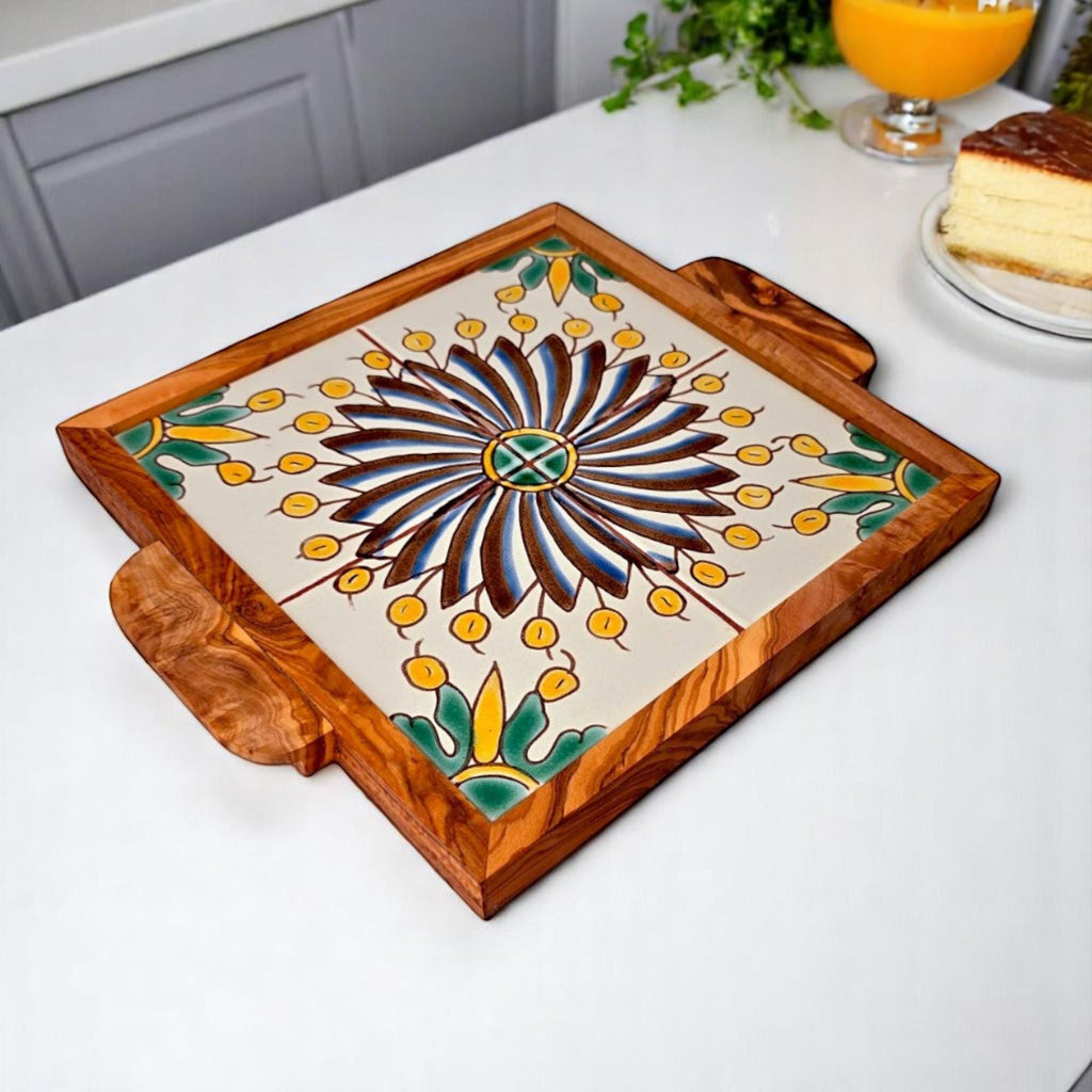 Olive Wood Square Olive Wood Ceramic Tray with Handle 20cm * 20cm