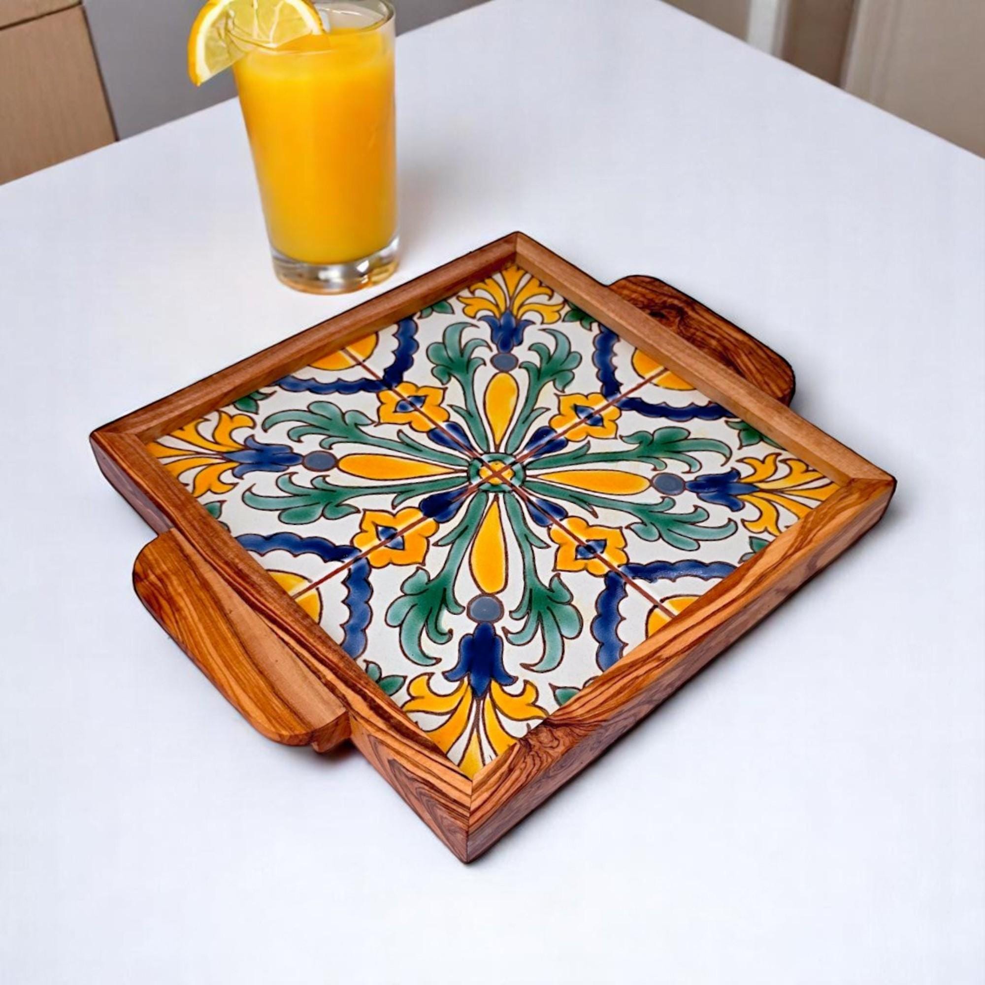Olive Wood Square Olive Wood Ceramic Tray with Handle 20cm * 20cm